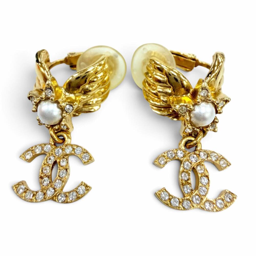 CHANEL Gold Pearl Logo Earrings